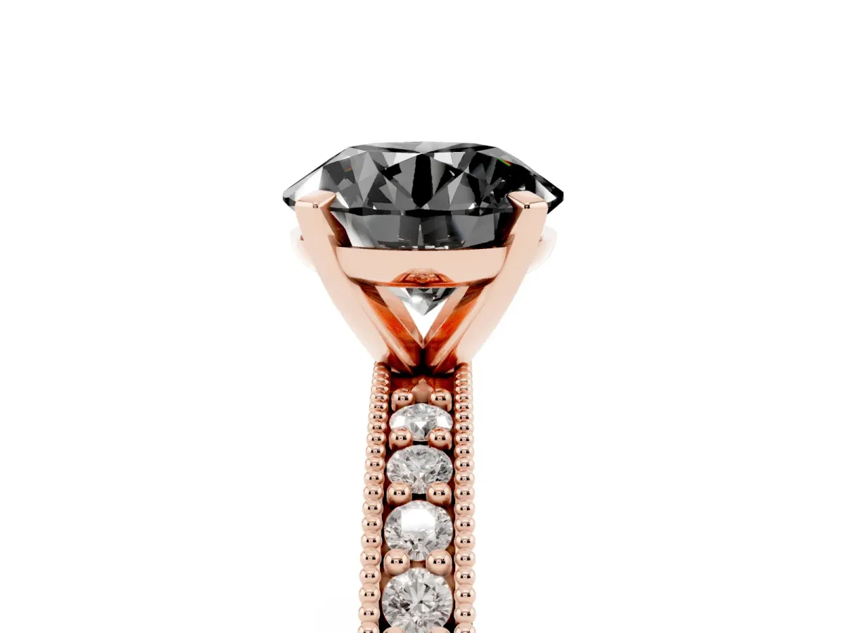 Fancy Black Round Cut Diamond Milgrain Pavé Engagement Ring with Four-Prong Setting Rose gold