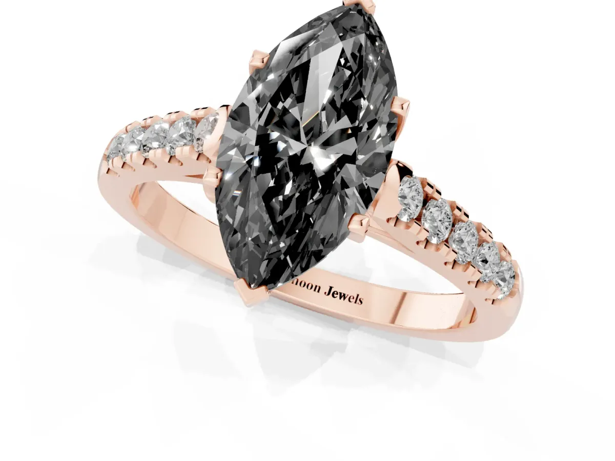Fancy Black Marquise Cut Diamond Pavé Band Solitaire Ring with Prong Setting Rose gold
