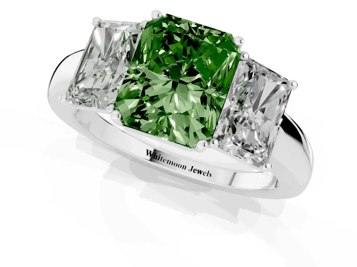 Fancy Green Radiant Cut Diamond Three-Stone Ring with Four-Prong Setting and Classic Band Silver
