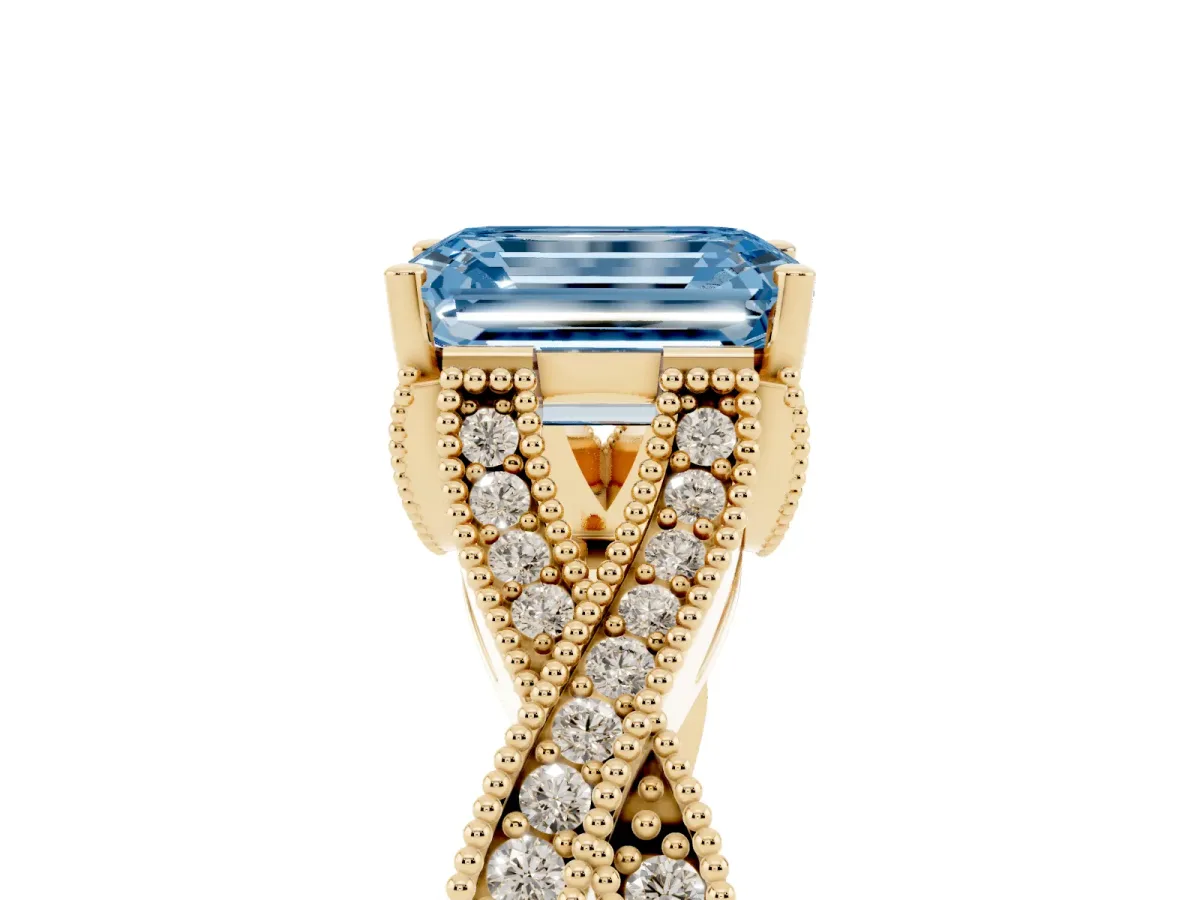 Fancy Blue Emerald Cut Cut Diamond Twisted Band with Milgrain Pave Setting and Four-Prong Setting Yellow gold