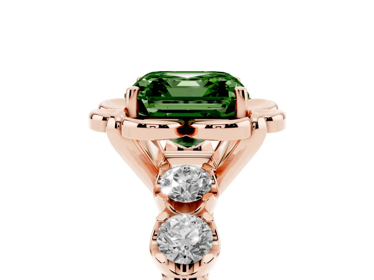 Fancy Green Asscher Cut Cut Diamond Floral Halo Engagement Ring with Shared Prong Setting Rose gold