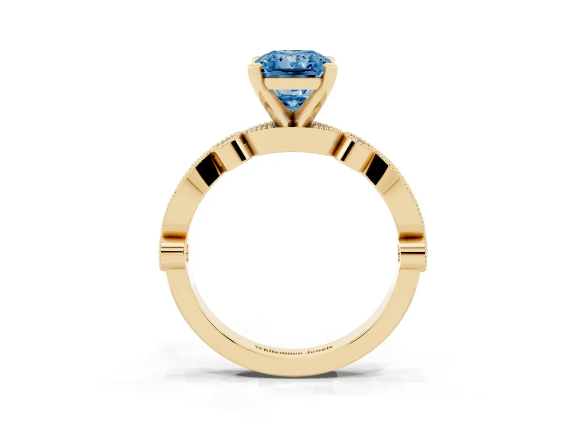 Fancy Blue Radiant Cut Milgrain Bezel Diamond Engagement Ring with Solitaire Prong Setting Yellow gold