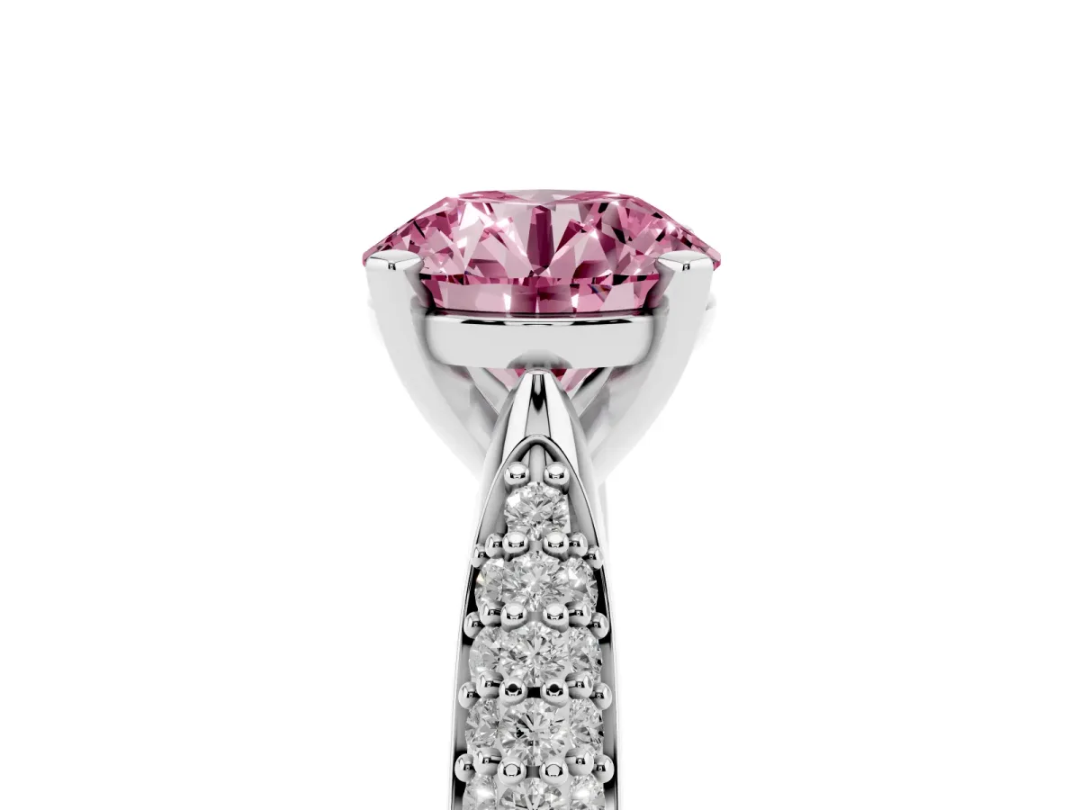 Fancy Pink Round Cut Diamond Solitaire Engagement Ring with Multi-Row Round Pavé Band and Prong Setting White gold