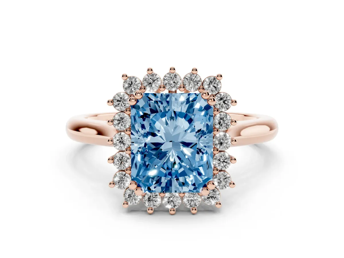Fancy Blue Radiant Cut Cut Diamond Halo Ring with Solitaire Band and Prong Setting Rose gold