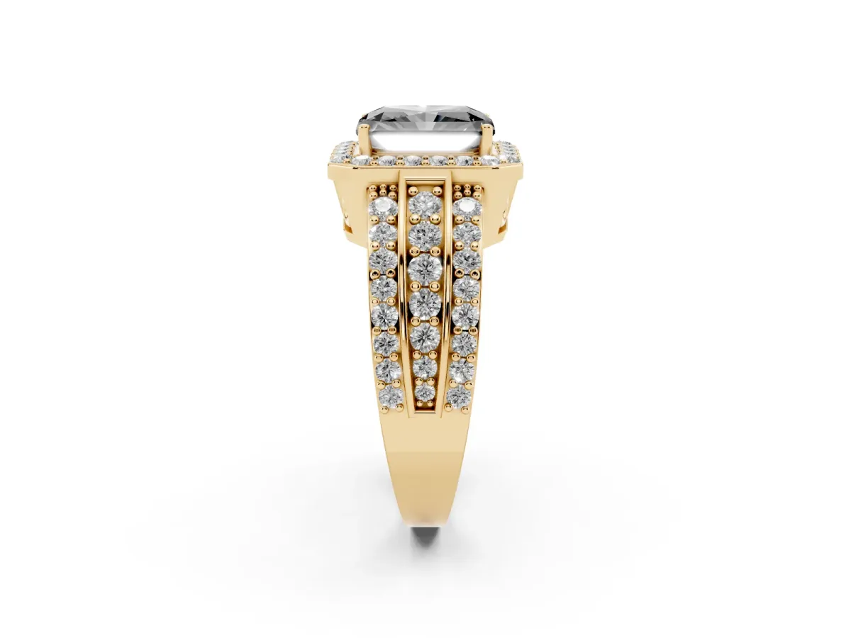 Fancy Black Radiant Cut Halo Diamond Ring with Round Split Shank and Prong Setting Yellow gold