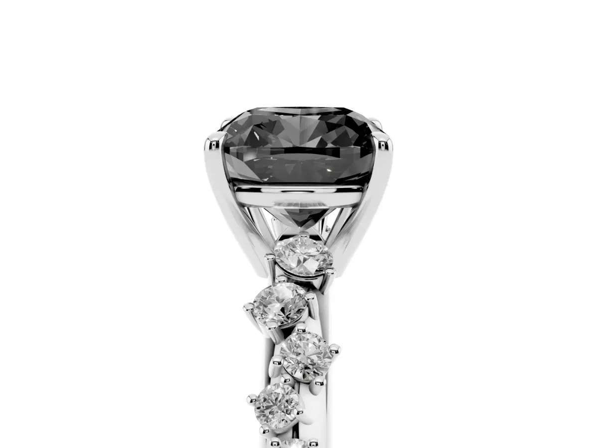 Fancy Black Cushion Cut Diamond Cluster Side Stone Solitaire Ring with Prong Setting Platinum