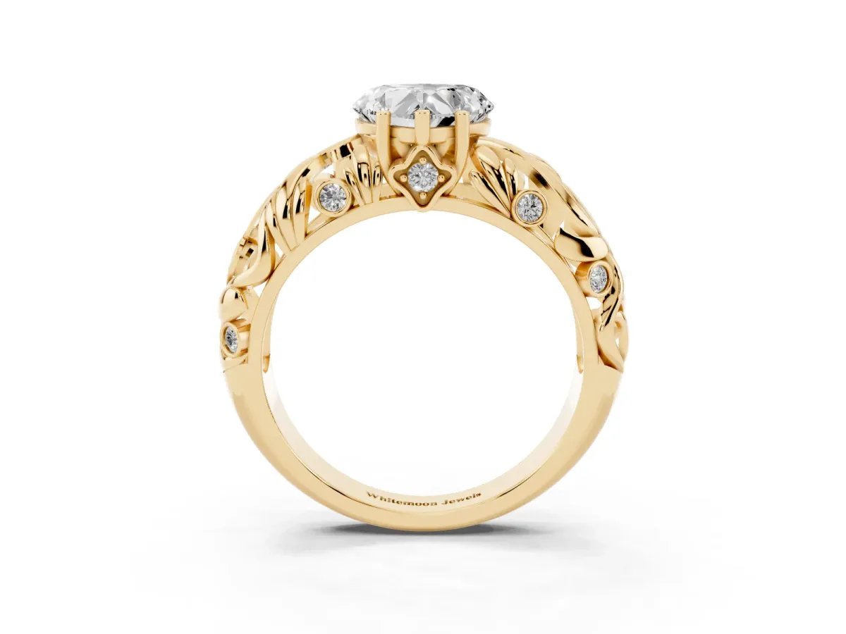 Heart Cut Solitaire Diamond Leaf-Inspired Vine Band Ring with Prong Setting Yellow gold