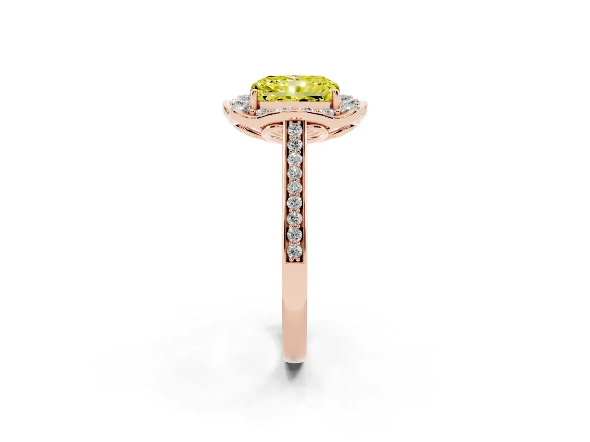 Fancy Yellow Radiant Cut Halo Round Diamond Pave Band with Four-Prong Setting Rose gold
