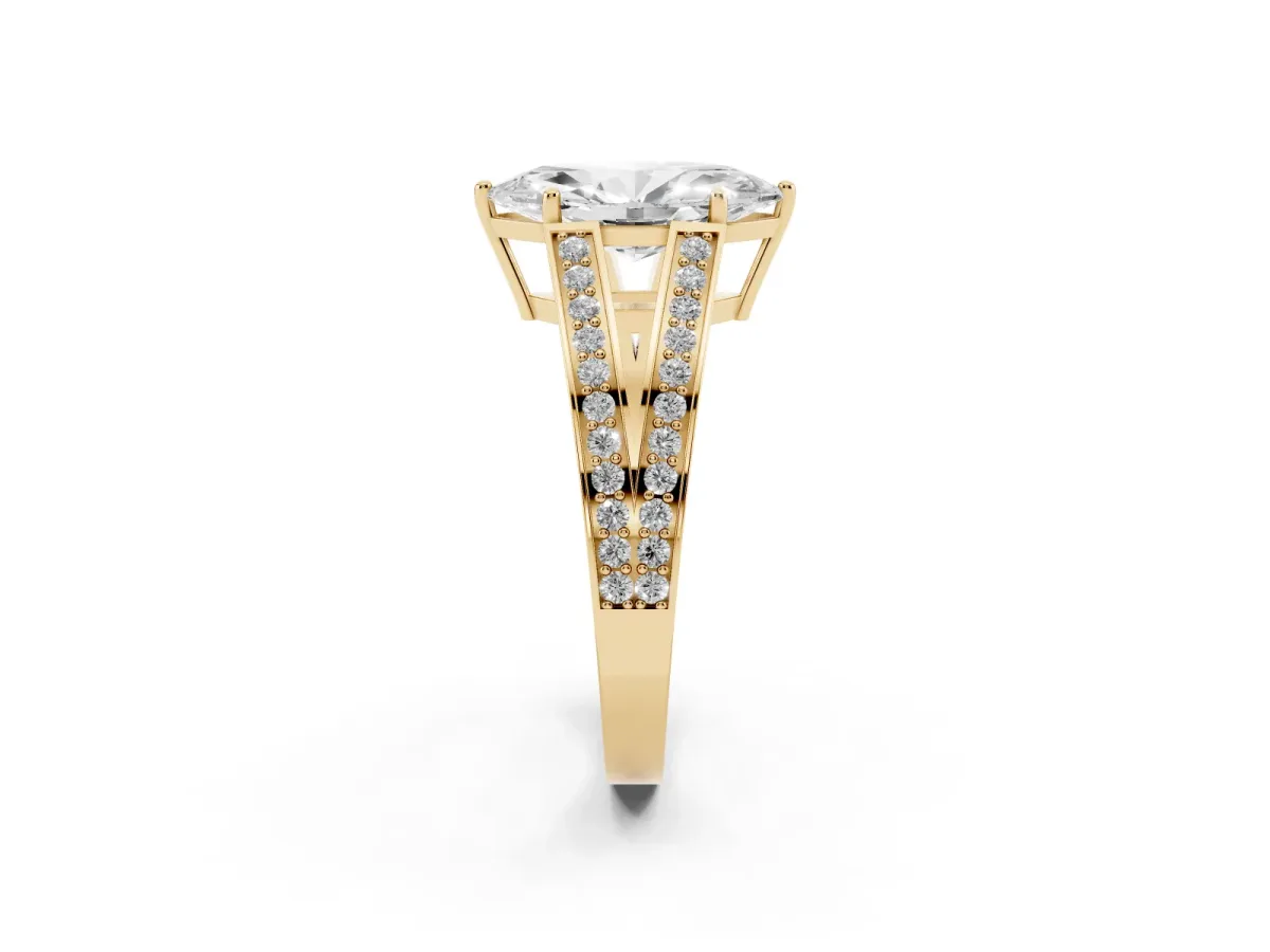 Marquise Cut Diamond Split Shank Ring with Pavé Band and Four-Prong Setting Yellow gold