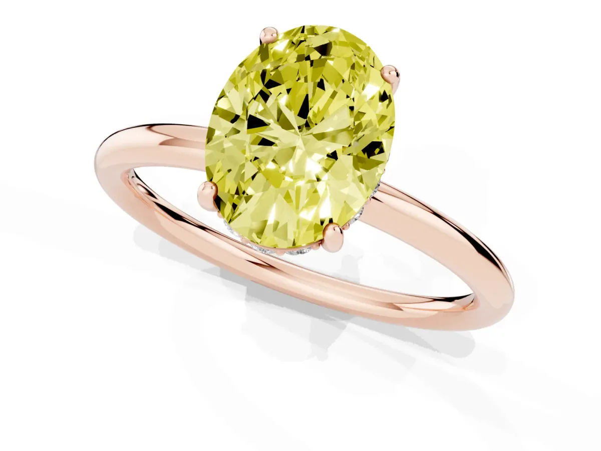 Fancy Yellow Oval Cut Solitaire Diamond Ring with a Classic Band and Four-Prong Setting Rose gold