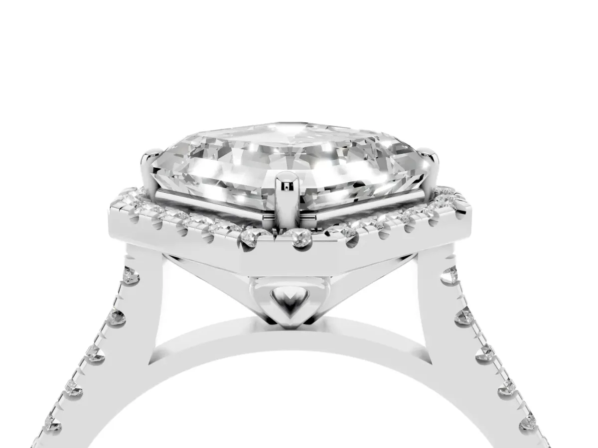 Asscher Cut Diamond Cushion Halo Ring with Pavé Band Silver