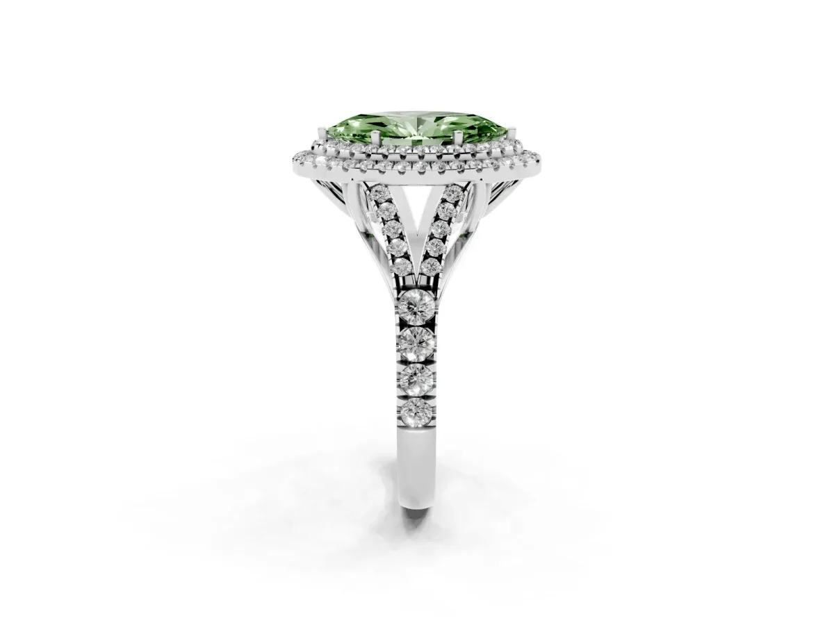 Fancy Green Double Halo Marquise Cut Diamond Split Shank Engagement Ring with Four-Prong Setting Silver