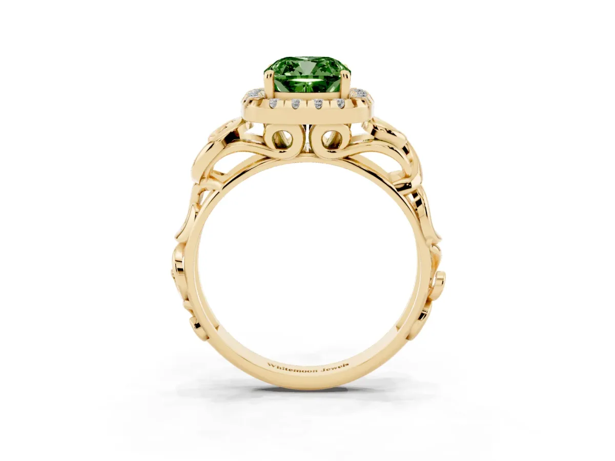 Fancy Green Cushion Cut Cut Halo Diamond Ring with Scrollwork Band and Four-Prong Setting Yellow gold