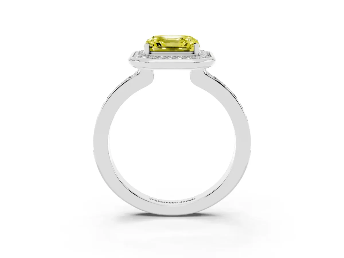 Fancy Yellow Asscher Cut Diamond Halo Ring with Bezel Frame and Pavé Band Silver