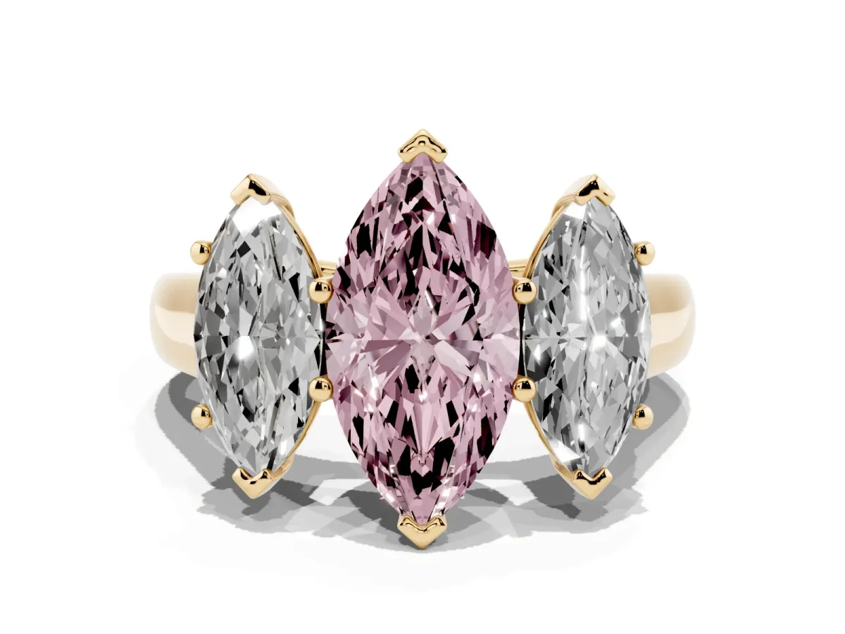 Fancy Pink Marquise Cut Three-Stone Diamond Ring with Prong Setting on a Classic Band Yellow gold