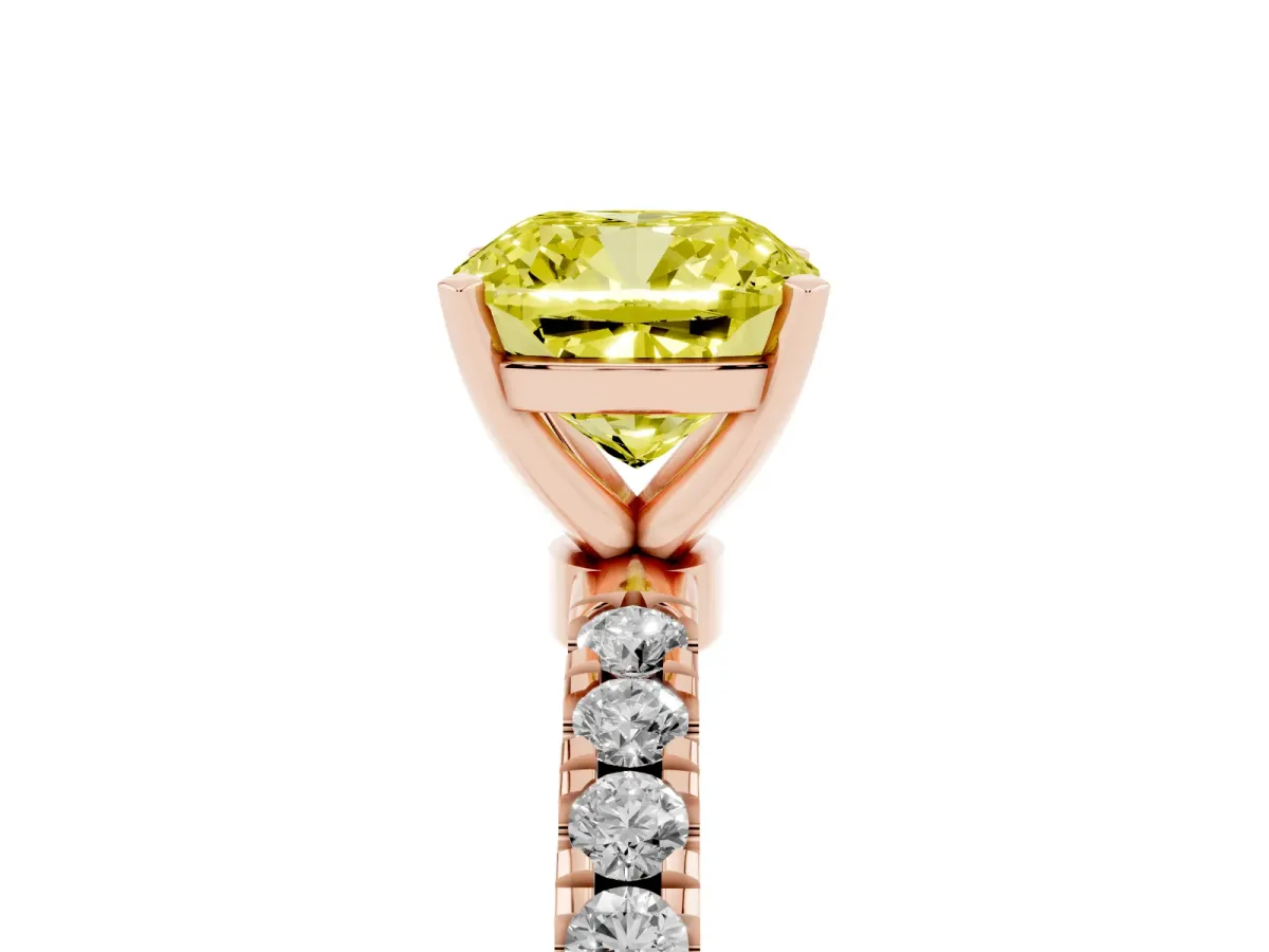 Fancy Yellow Cushion Cut Diamond Solitaire Ring with Pavé Accents and Four-Prong Setting Rose gold