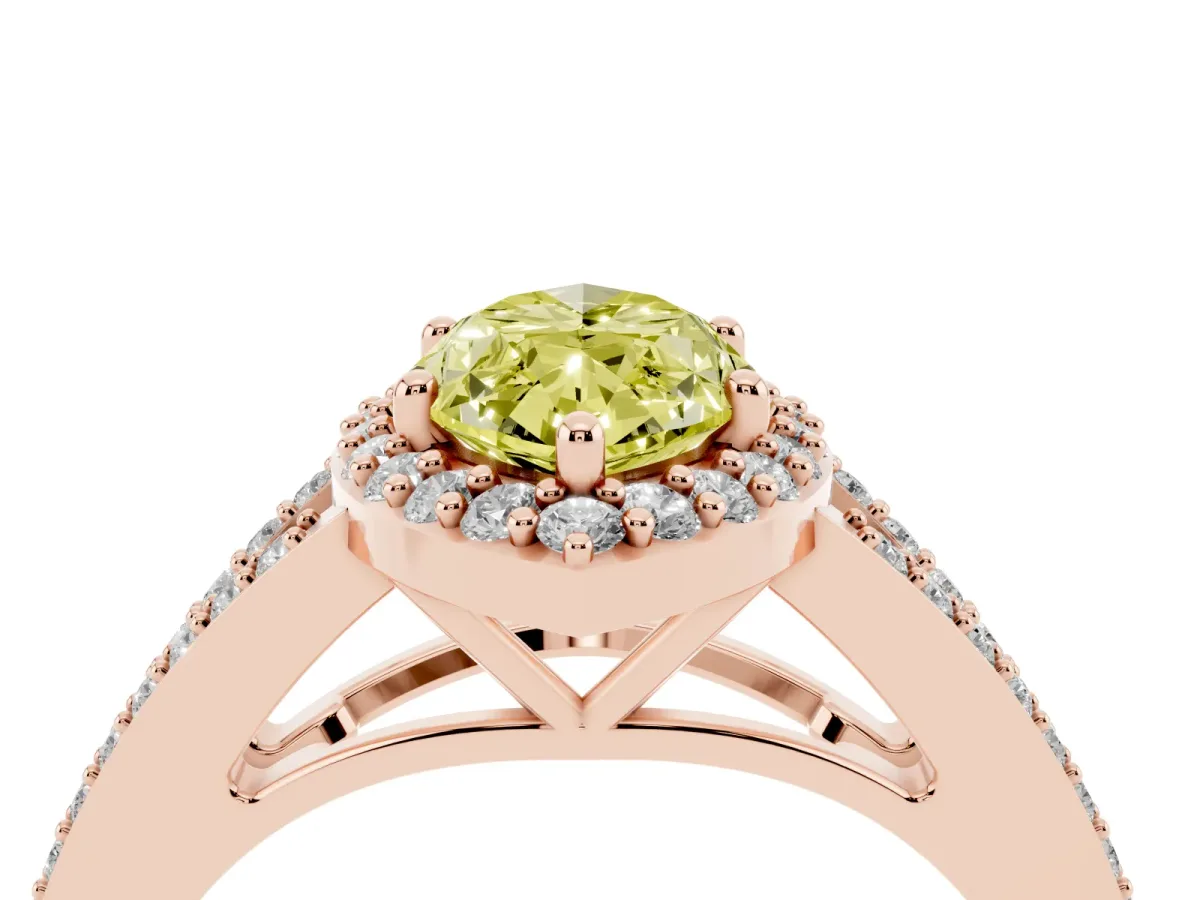 Fancy Yellow Marquise Cut Halo Split Shank Pave Diamond Ring with Four-Prong Setting Rose gold