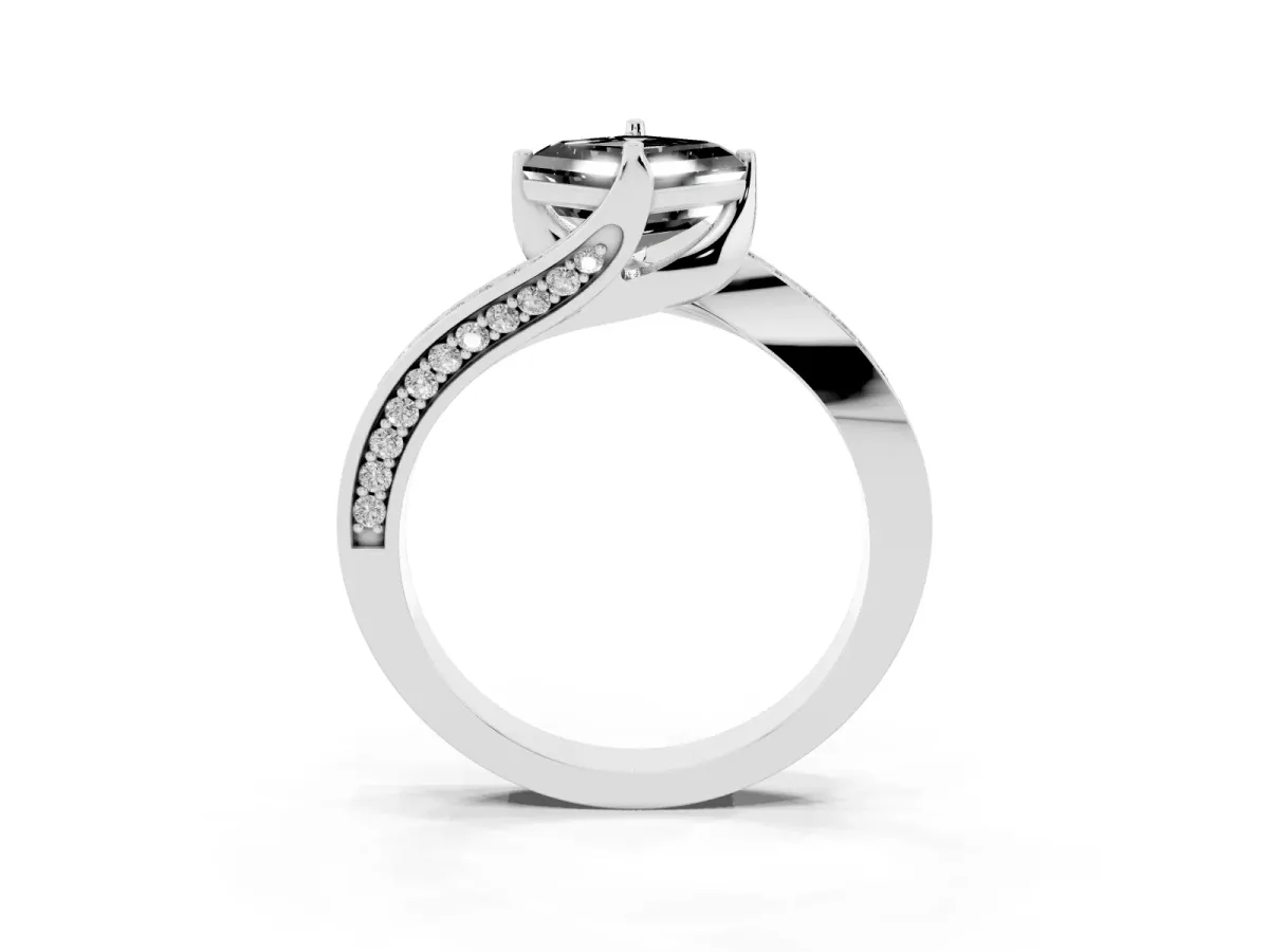 Fancy Black Asscher Cut Solitaire Diamond Twist Band with Pavé Setting and Four-Prong Setting Silver