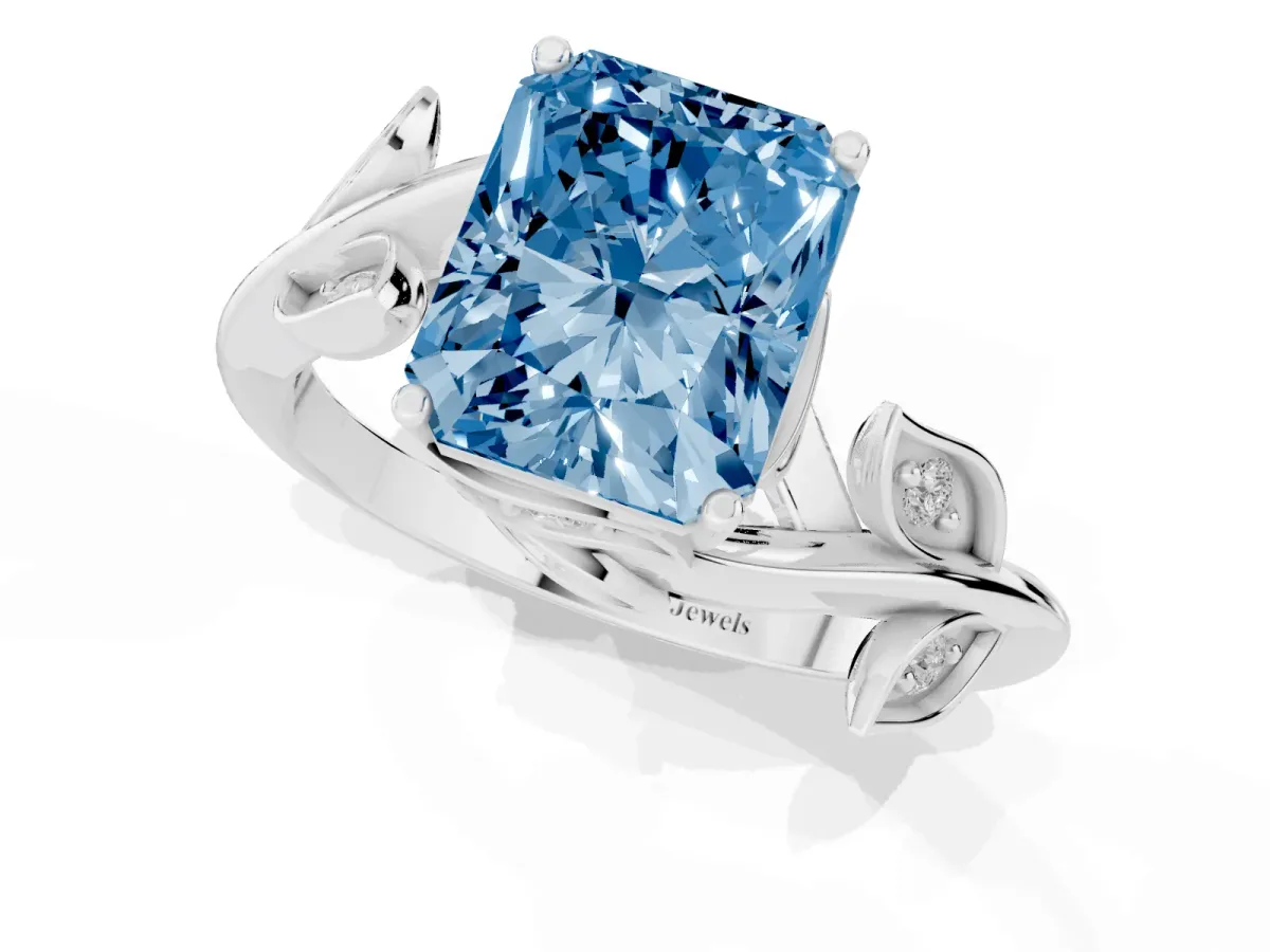 Fancy Blue Radiant Cut Solitaire Twist Engagement Ring with Leaf Accents and Prong Setting White gold