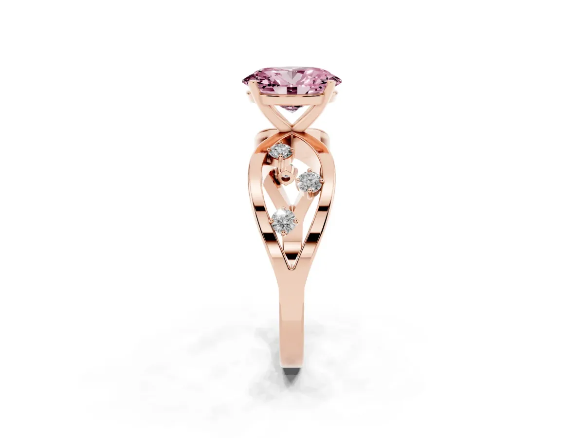 Fancy Pink Oval Cut Cut Solitaire Diamond with Side Stones on Criss-Cross Band and Four-Prong Setting Rose gold