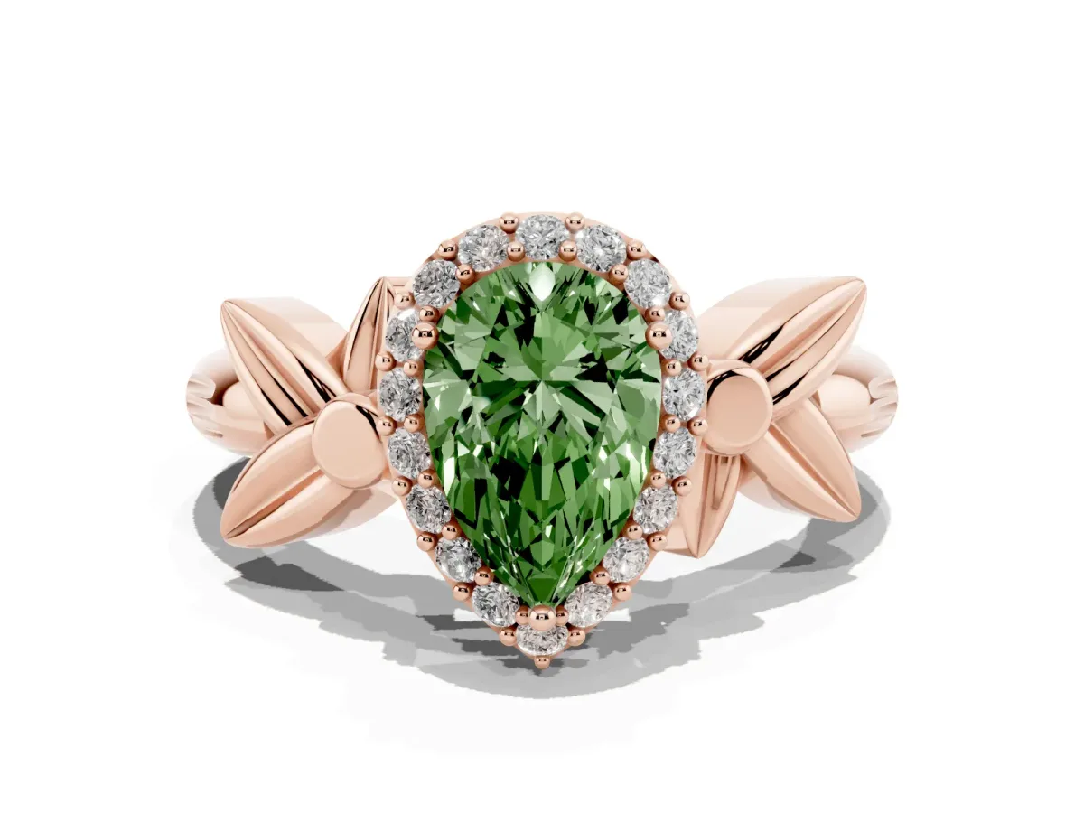 Fancy Green Pear Cut Halo Diamond Floral Band with Four-Prong Setting Rose gold