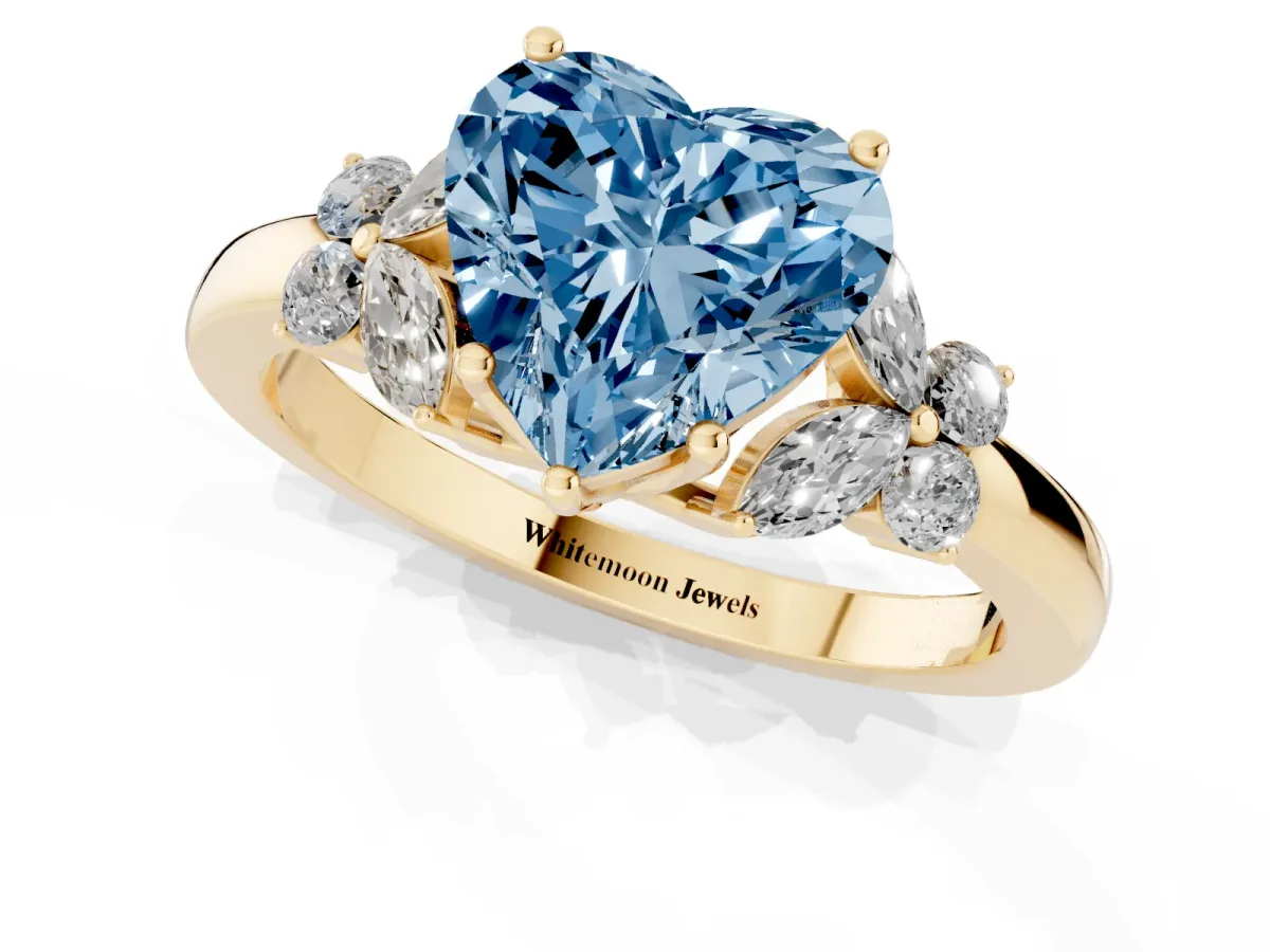 Fancy Blue Heart Cut Cut Solitaire Floral Diamond Ring with Four-Prong Setting Yellow gold