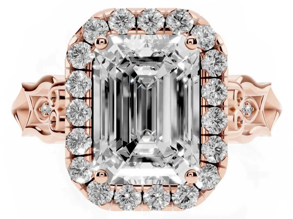 Emerald Cut Halo Diamond Engagement Ring with Filigree Band and Four-Prong Setting Rose gold