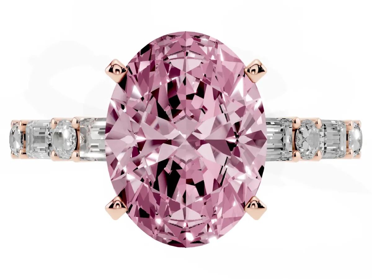 Fancy Pink Oval Cut Diamond Solitaire with Side Baguettes and Channel Set Band Rose gold