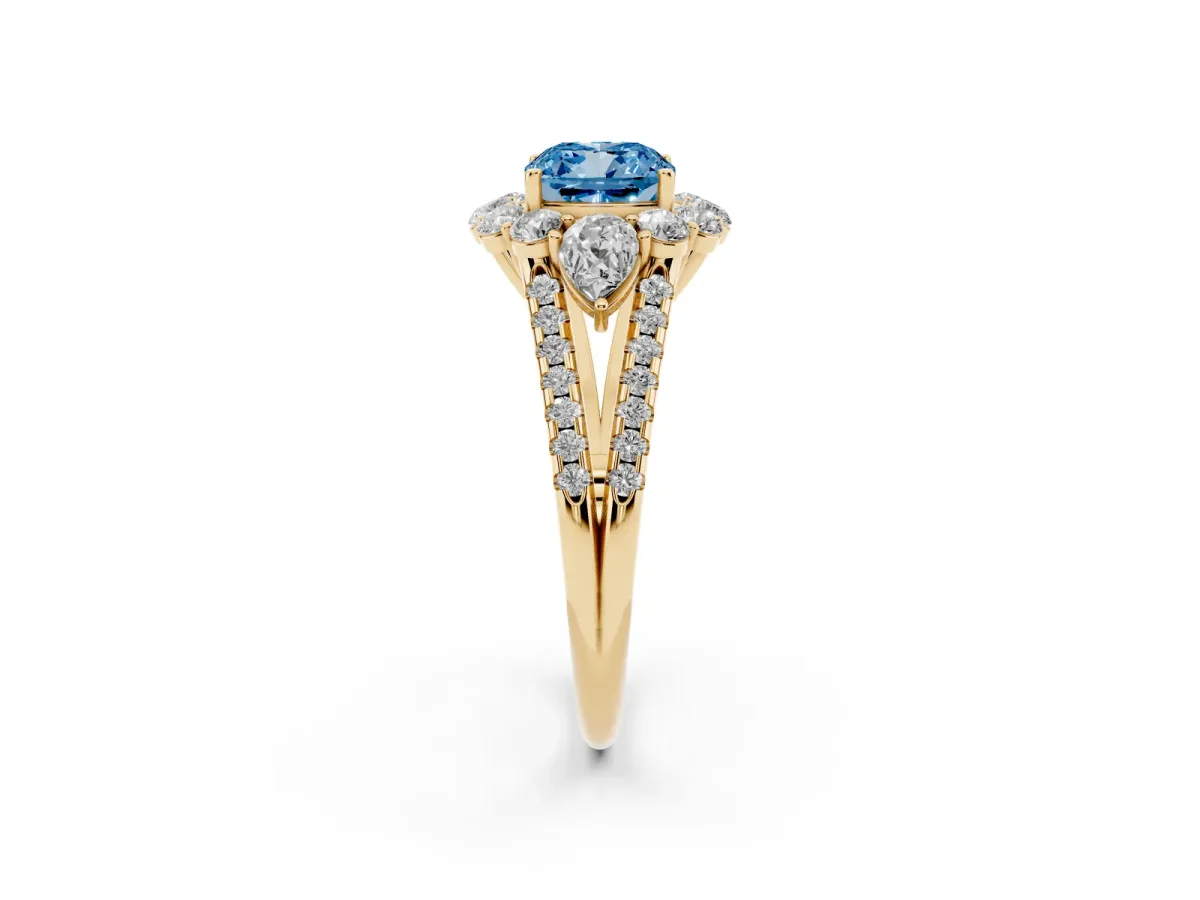 Fancy Blue Cushion Cut Halo Split Shank Diamond Engagement Ring with Prong Setting Yellow gold