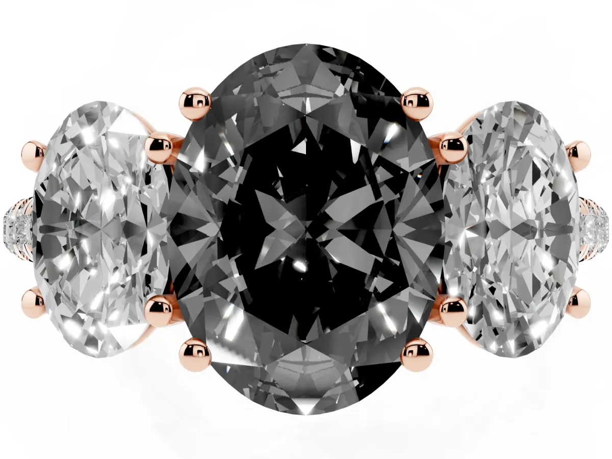 Fancy Black Three-Stone Oval Cut Diamond Ring with Round Pavé Band and Prong Setting Rose gold