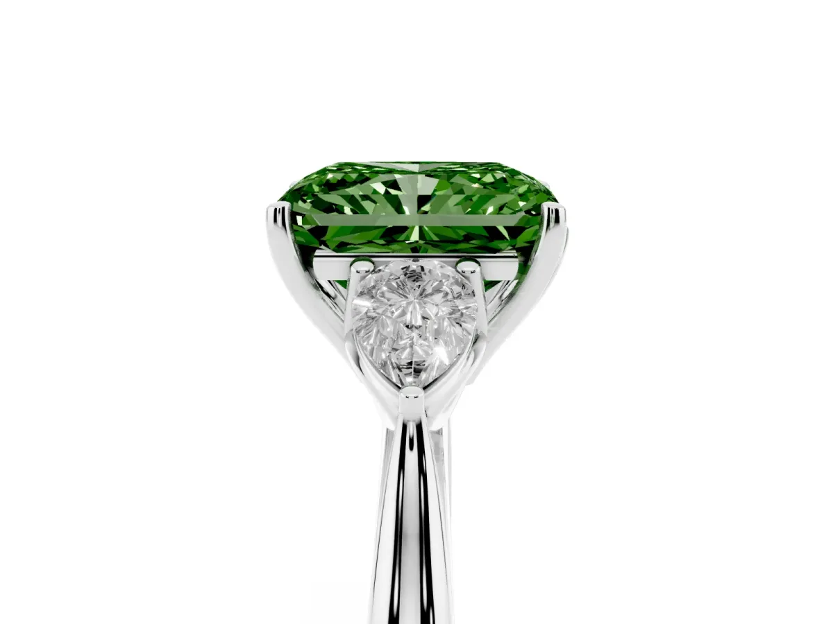 Fancy Green Radiant Cut Diamond Three-Stone Ring with Pear Side Stones and Prong Setting Platinum