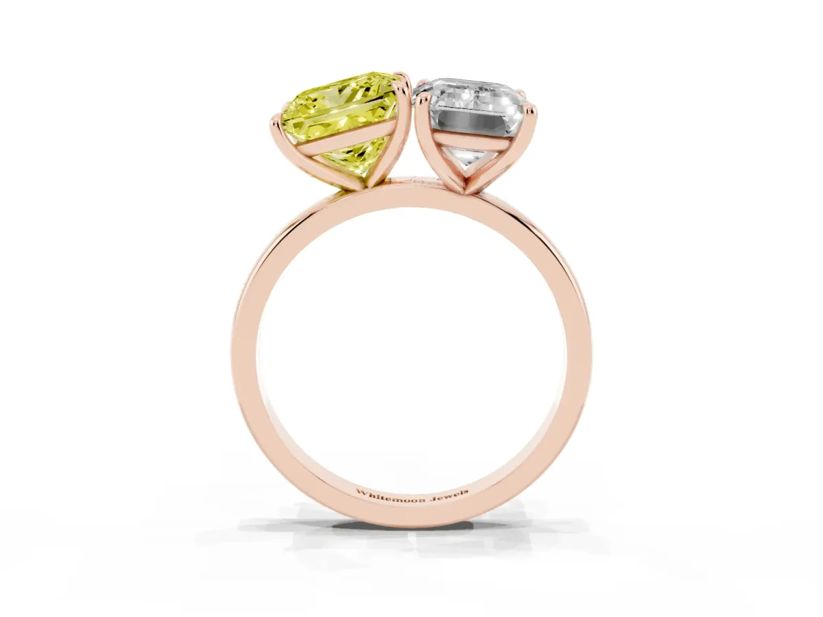 Fancy Yellow Princess Cut and Emerald Cut Toi Moi Ring with Prong Setting Rose gold