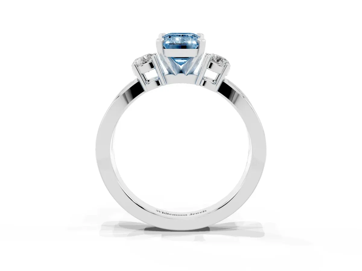 Fancy Blue Three-Stone Emerald Cut Cut Diamond Twist Band with Prong Setting Platinum