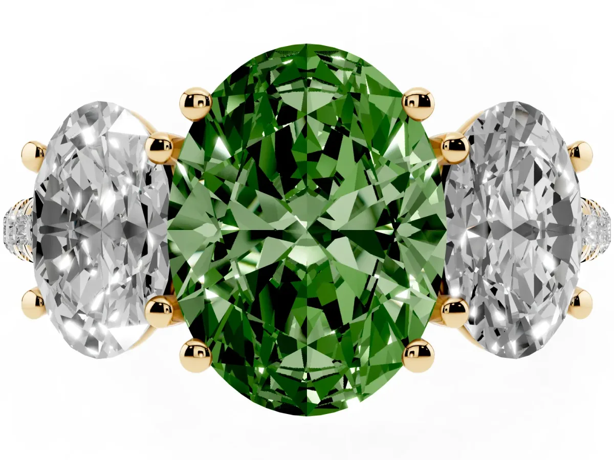 Fancy Green Three-Stone Oval Cut Diamond Ring with Round Pavé Band and Prong Setting Yellow gold