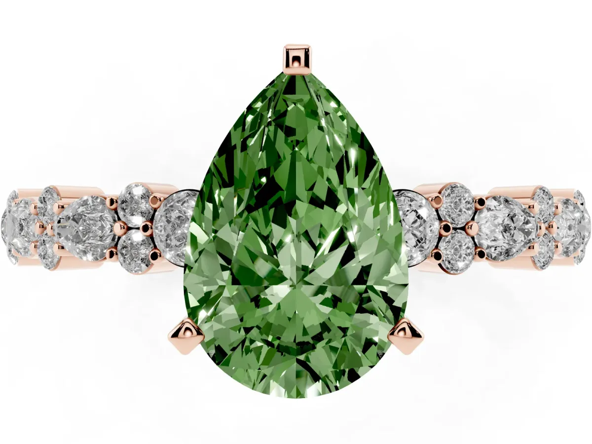 Fancy Green Pear Cut Diamond Side Stone Solitaire Ring with Round and Four-Prong Setting Rose gold