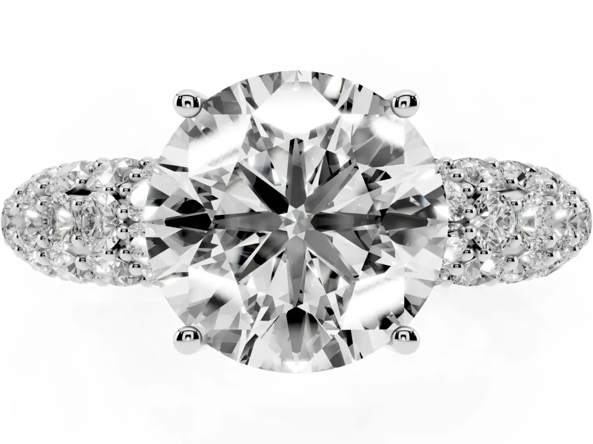 Round Cut Diamond Pavé Band Solitaire Ring with Four-Prong Setting Silver