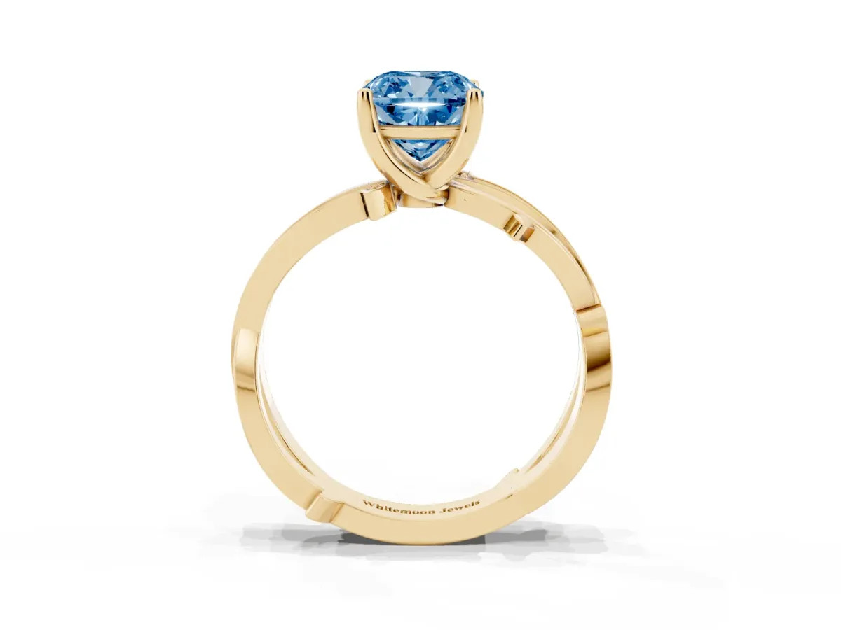 Fancy Blue Cushion Cut Solitaire Twist Band with Pavé Accents and Four-Prong Setting Yellow gold