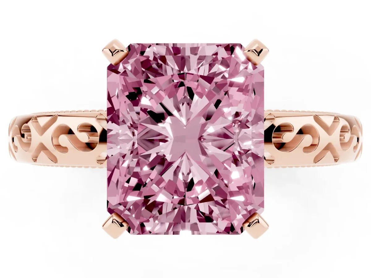 Fancy Pink Radiant Cut Solitaire Engagement Ring with Scrollwork Band and Four-Prong Setting Rose gold
