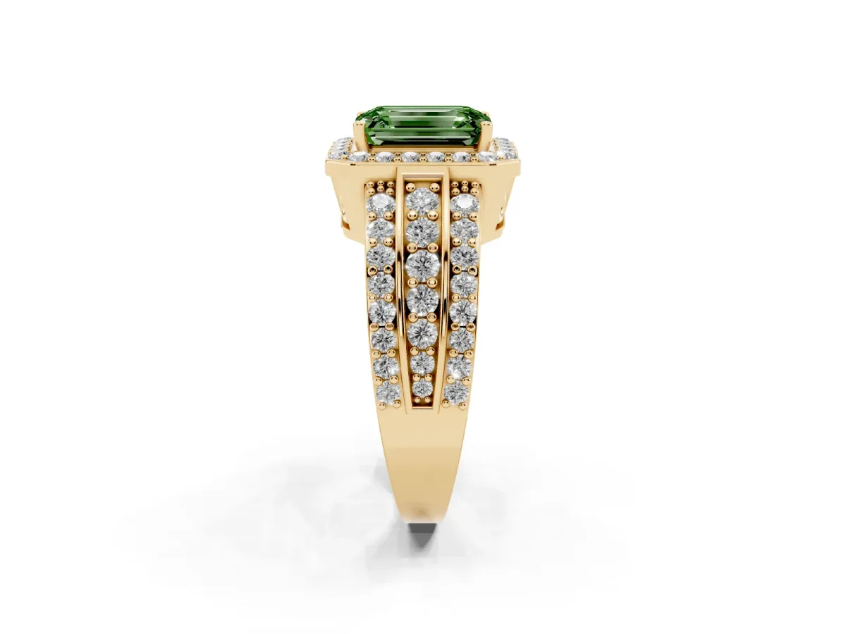 Fancy Green Emerald Cut Halo Diamond Ring with Round Split Shank and Prong Setting Yellow gold