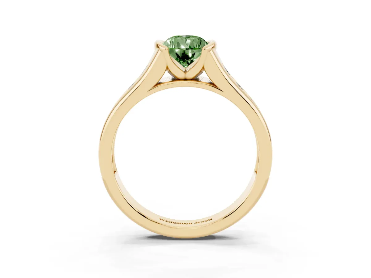 Fancy Green Pear Cut Solitaire Bezel-Set Diamond Ring with Channel-Set Band Yellow gold