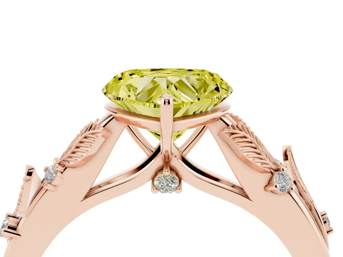 Fancy Yellow Heart Cut Diamond Solitaire Ring with Leaf Motif Band and Four-Prong Setting Rose gold