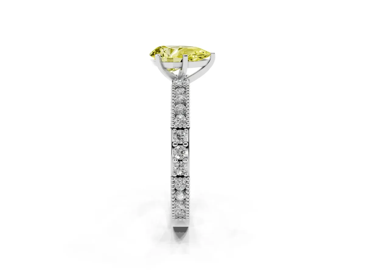 Fancy Yellow Pear Cut Solitaire with Pavé Band and Four-Prong Setting Platinum
