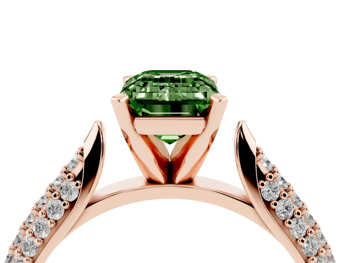 Fancy Green Emerald Cut Diamond Solitaire Engagement Ring with Multi-Row Round Pavé Band and Prong Setting Rose gold