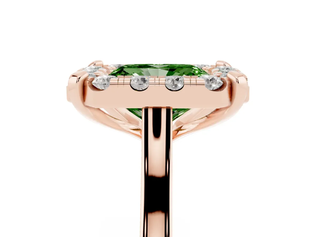 Fancy Green Radiant Cut Diamond Cluster Halo Solitaire with Four-Prong Setting Rose gold
