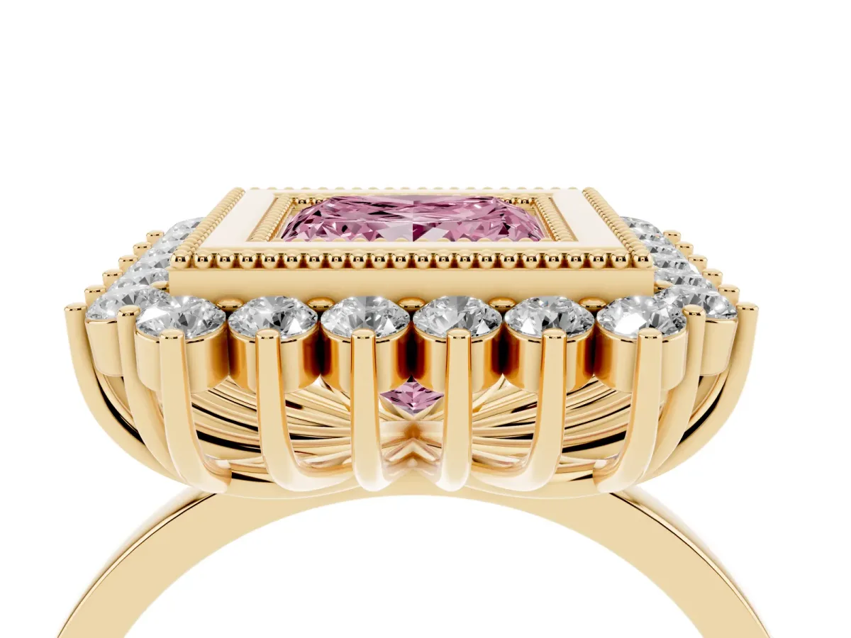 Fancy Pink Princess Cut Halo Diamond Ring with Milgrain Edge and Round Prong Setting Yellow gold