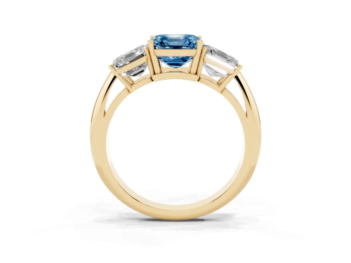 Fancy Blue Three-Stone Asscher Cut Cut Diamond Engagement Ring with Prong Setting on a White Gold Band Yellow gold