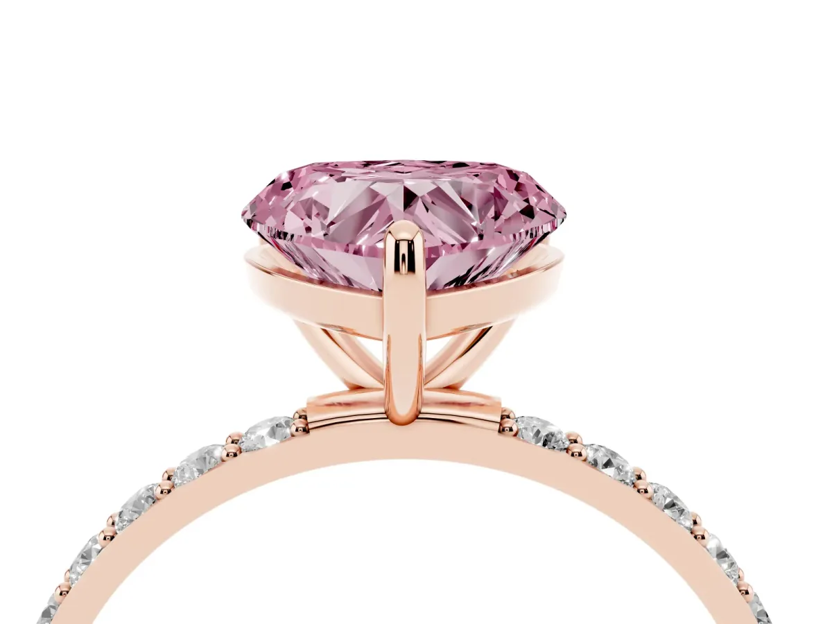 Fancy Pink Heart Cut Diamond Solitaire Ring with Round Pavé Band and Prong Setting Rose gold