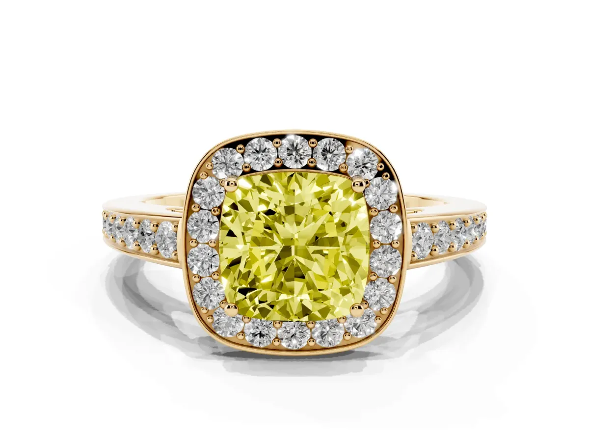 Fancy Yellow Cushion Cut Halo Pavé Diamond Engagement Ring with Bezel Setting Yellow gold