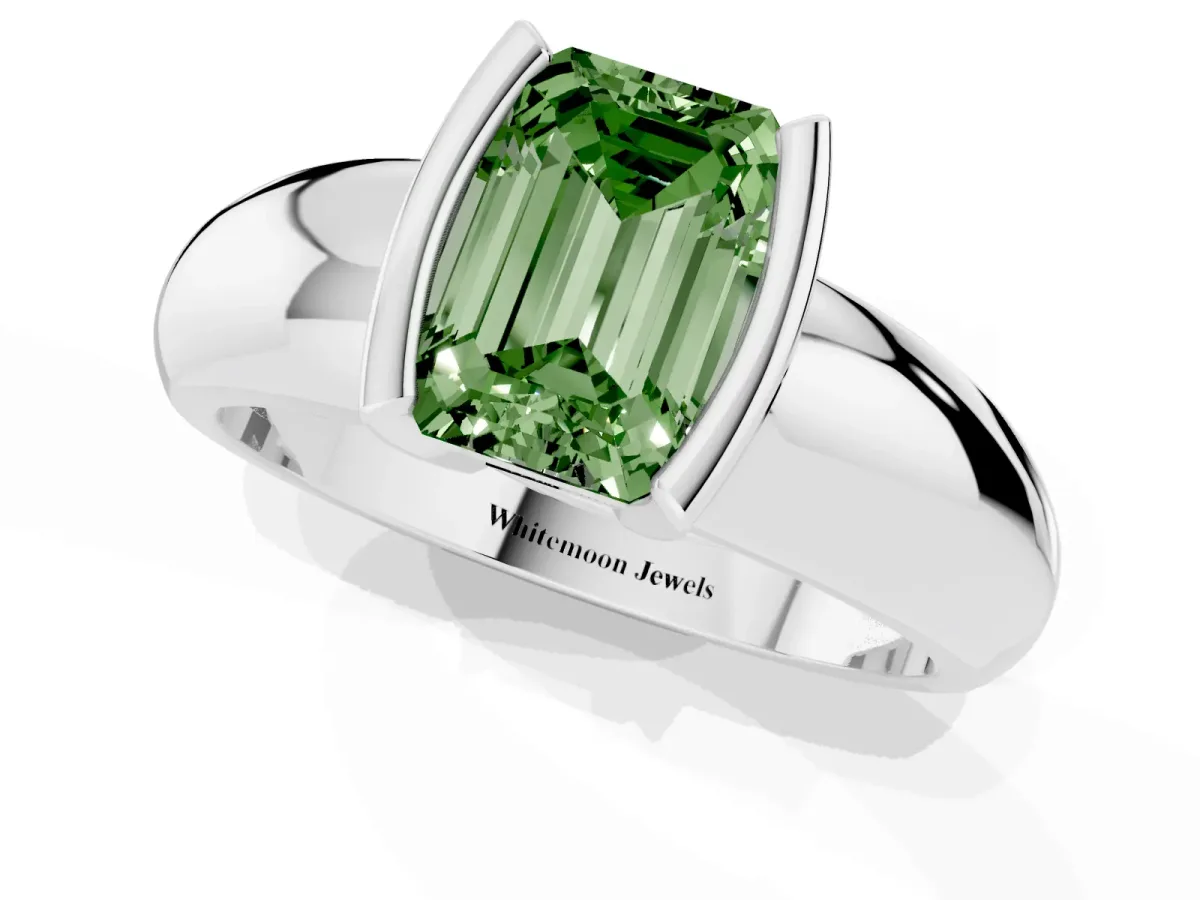 Fancy Green Emerald Cut Solitaire Tension Set Diamond Ring with Wide Band Platinum