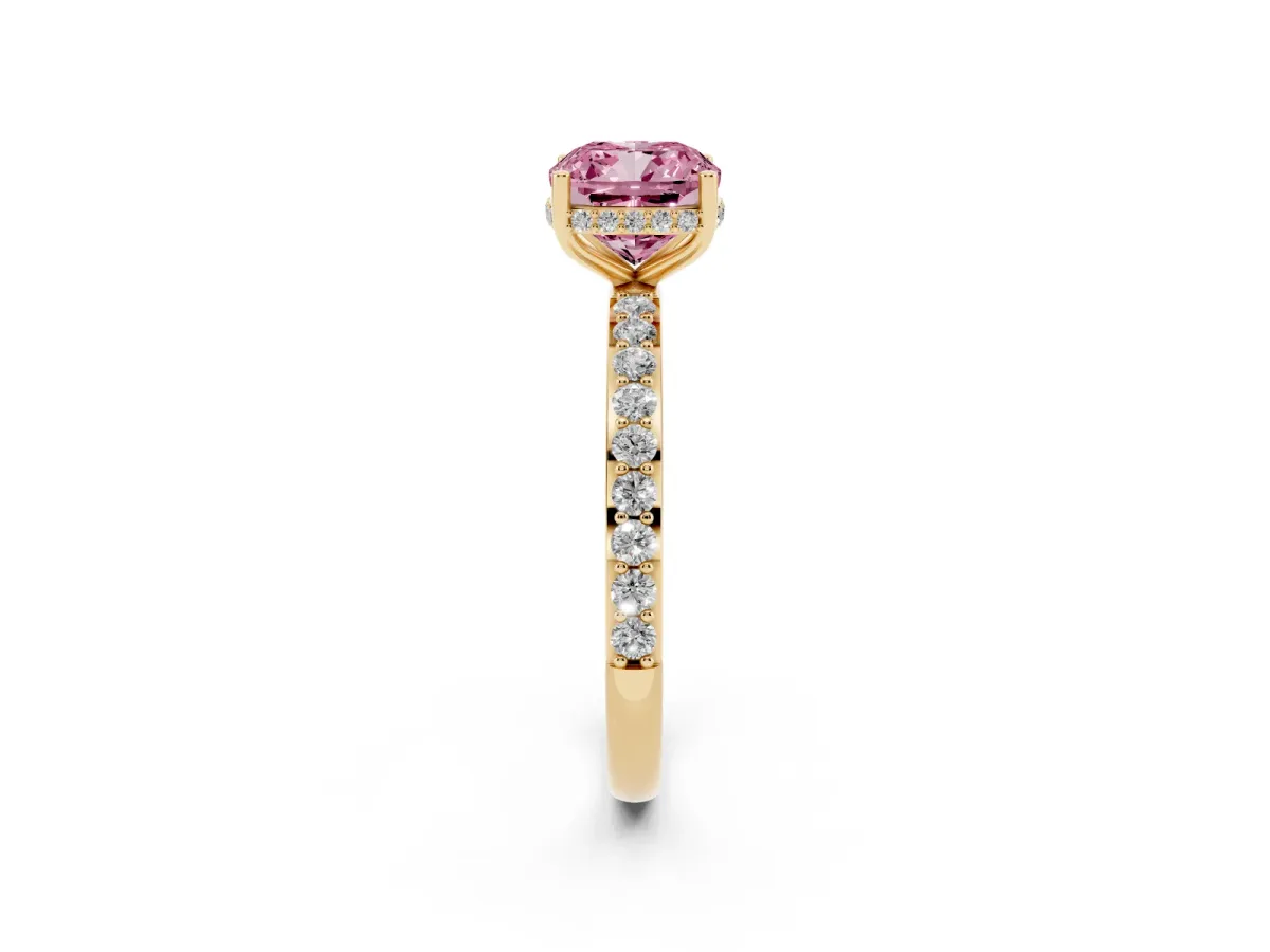 Fancy Pink Cushion Cut Diamond Solitaire Ring with Pavé Band and Hidden Halo Yellow gold